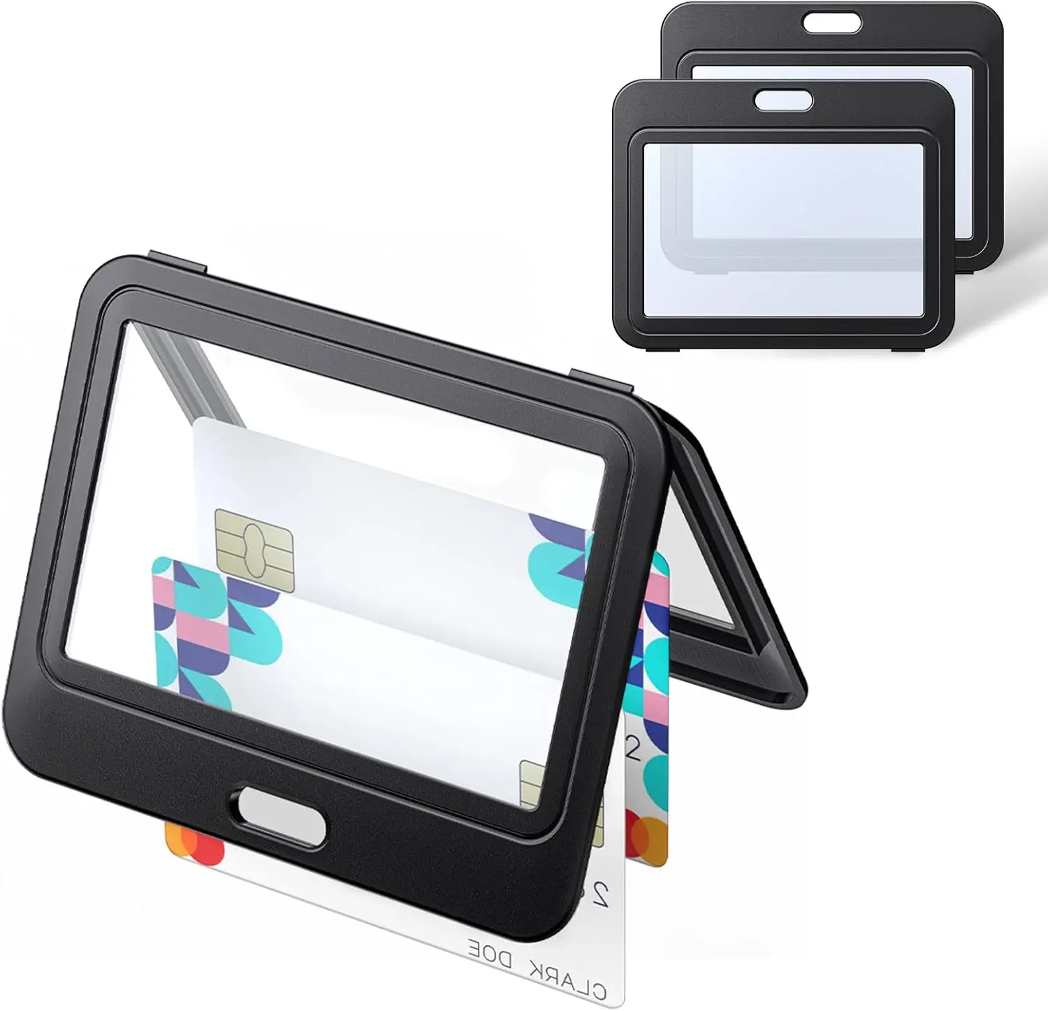 3 Pack ID Badge Holder with Double-Sided Windows Horizontal Hard Plastic Case Black Card Protector Pouch for Office School ID Credit Cards Proximity Key Cards Drivers Licenses and Passes