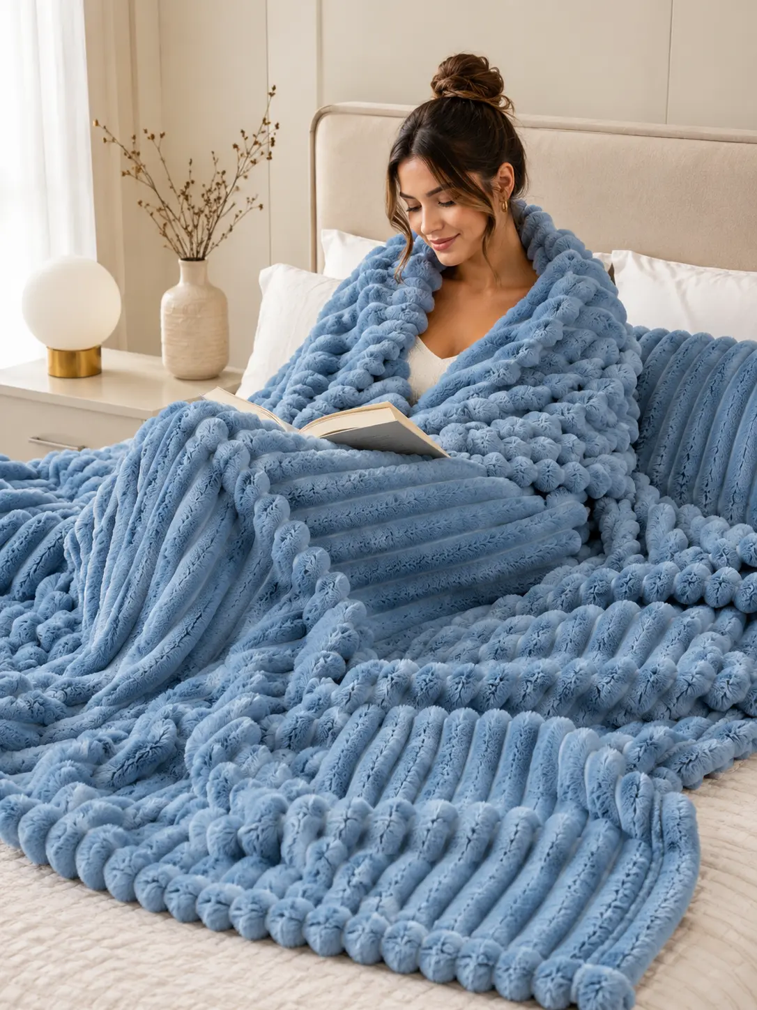 3D Ribbed Faux Rabbit Fur Throw Blanket, Ultra-Soft, Skin-Friendly, and Warm; Perfect for Beds, Sofas, Offices, and Dorms; 59×79-inch Bedroom Decorative Blanket; Back-to-School and Holiday Gift