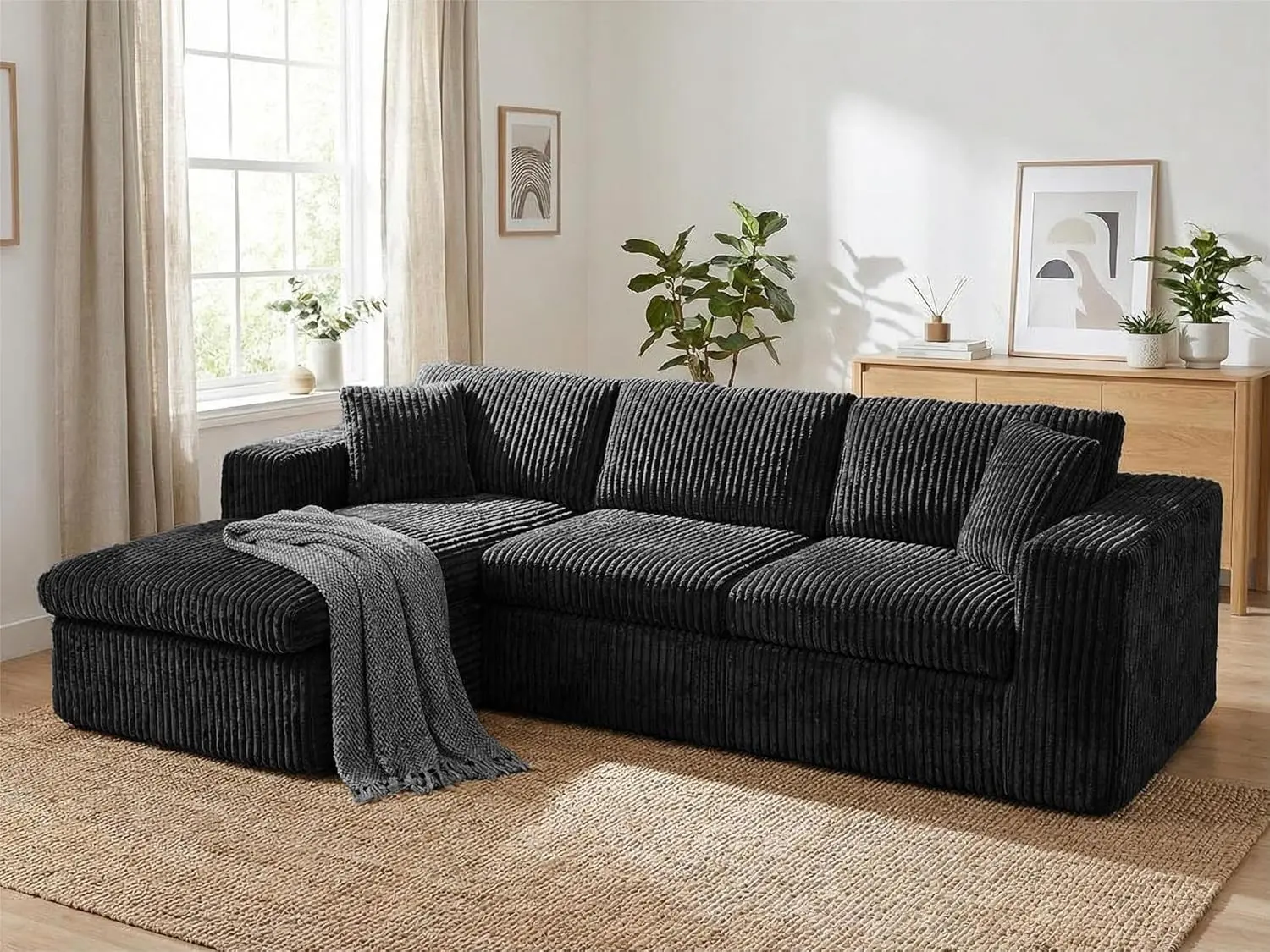 105" Boneless Couches for Living Room, Sectional Couches Modular Sofa with L-Shaped Chaise, Memory Foam Comfy Cloud Couch with Plush Corduroy Fabric, No Assembly Required, Black