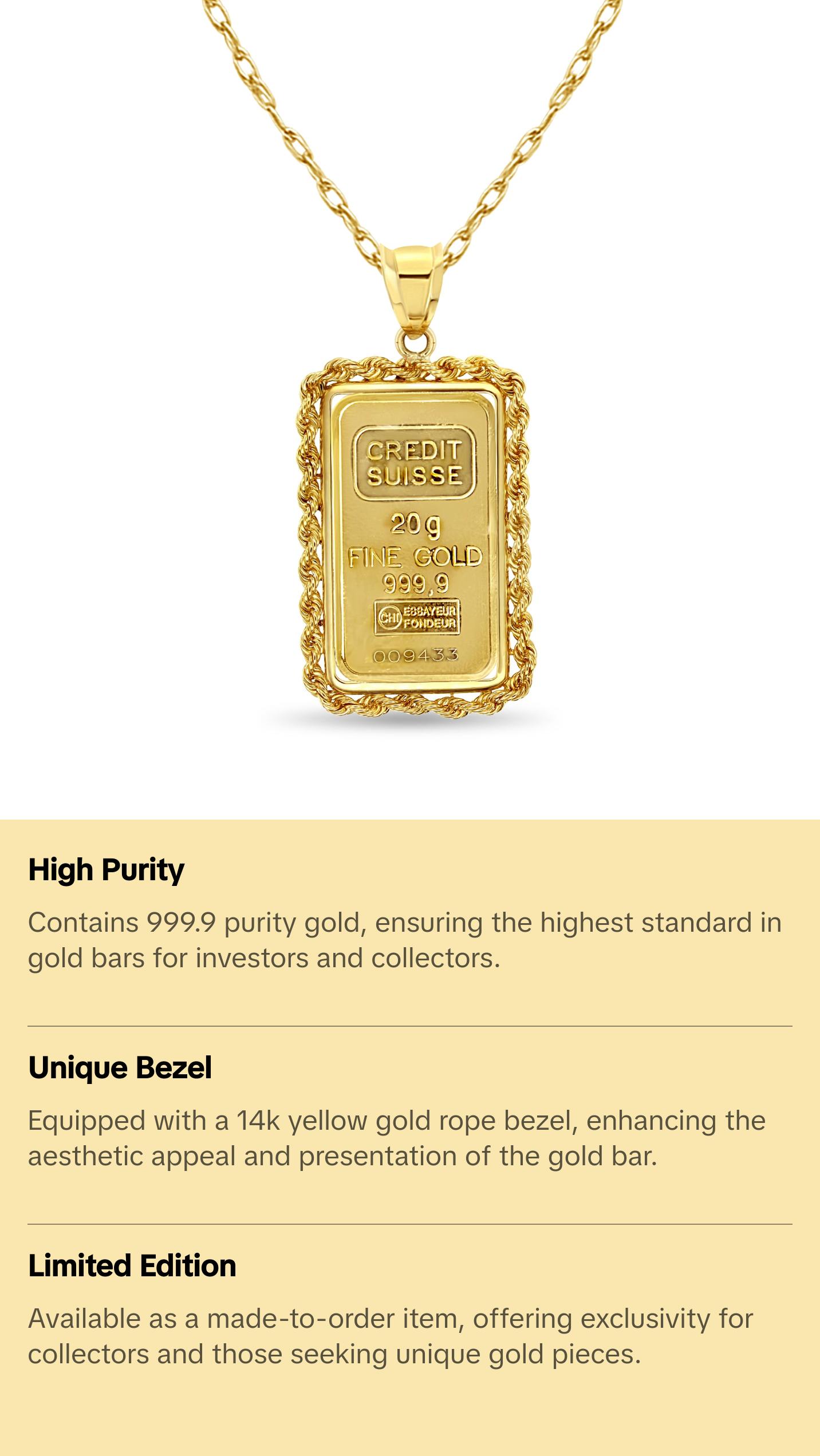 20 Gram Credit Suisse Gold Bar with Rope Bezel 14k Yellow Gold
