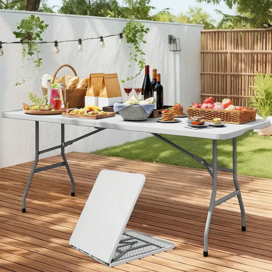 6FT Rectangle Plastic Folding Outdoor Furniture Table, Portable Heavy-Duty Fold-in-Half Indoor Dining Table with Carrying Handle, Lock-in Stability for Picnic, Tailgating