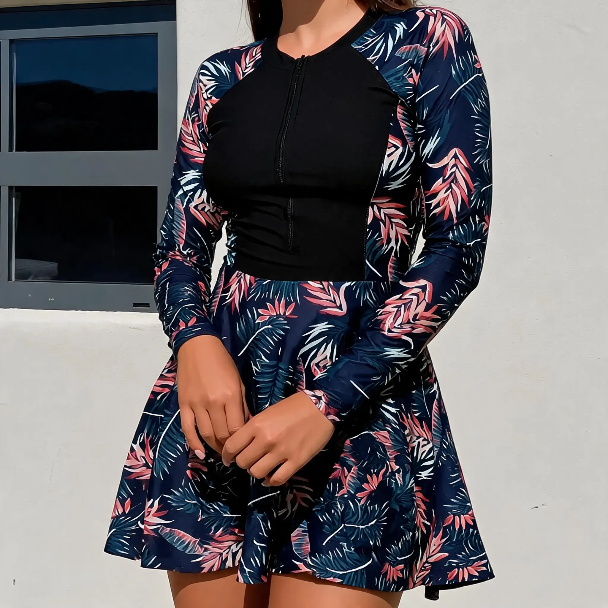 Chlorine Resistant UPF50+ Quick Dry 240GSM Nylon Spandex Double Lined Seamless Stitching Half Zip Raglan Long Sleeve Color Block Tropical Leaf Print Flared A-Line Modest Rash Guard Swim Dress