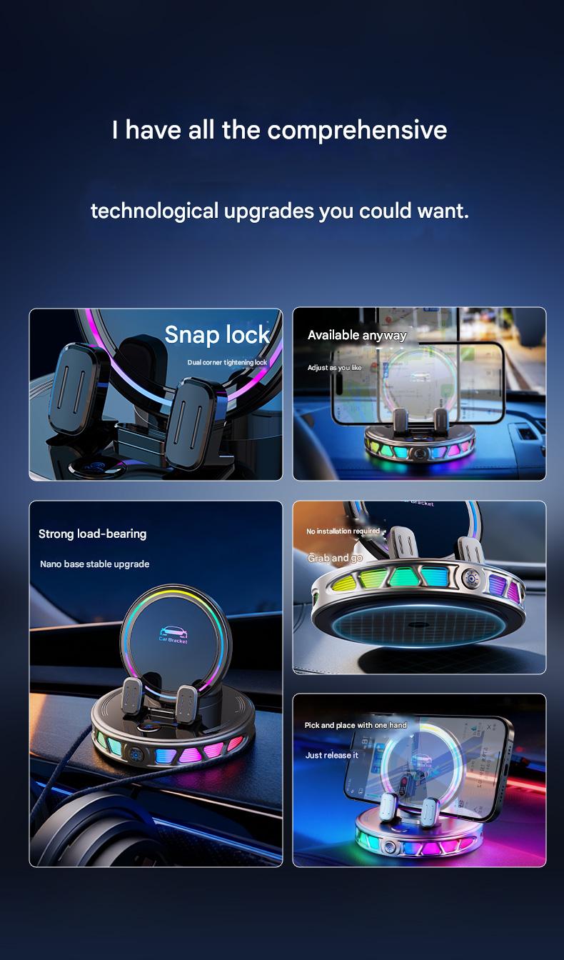 Electric Magnetic Wireless Charging Car Phone Mount with RGB Ambient Light – Ultra Stable Vacuum Suction
