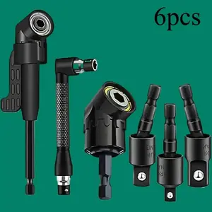 6Pcs Right-Angle Drill Heavy-Duty Tool Kit, Including 3*360°Rotatable 1/4", 1*(3/8"&1/2") Impact-Grade Socket Adapters, 2*(105°Hex Shank Angle Adapters & 90°Right-Angle Drill Bit),