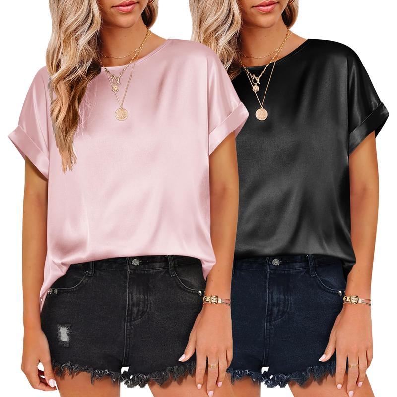2 Pieces Sets Women's Short Sleeve Pullover Blouses Satin Silk Shirts Casual Loose Work Tunic Tops