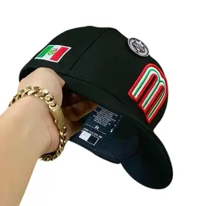 Hat Mexico Style Snapback Cap Embroidered with "M" Logo, Adjustable Fit, Adjustable Closure, Black Color