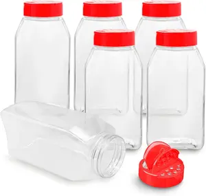 6 Pack 32 Oz Plastic Spice Jars with Red Cap, Clear and Safe Plastic Bottle Containers with Shaker Lids for Storing Spice, Herbs and Seasoning Powders, BPA Free, Made in USA