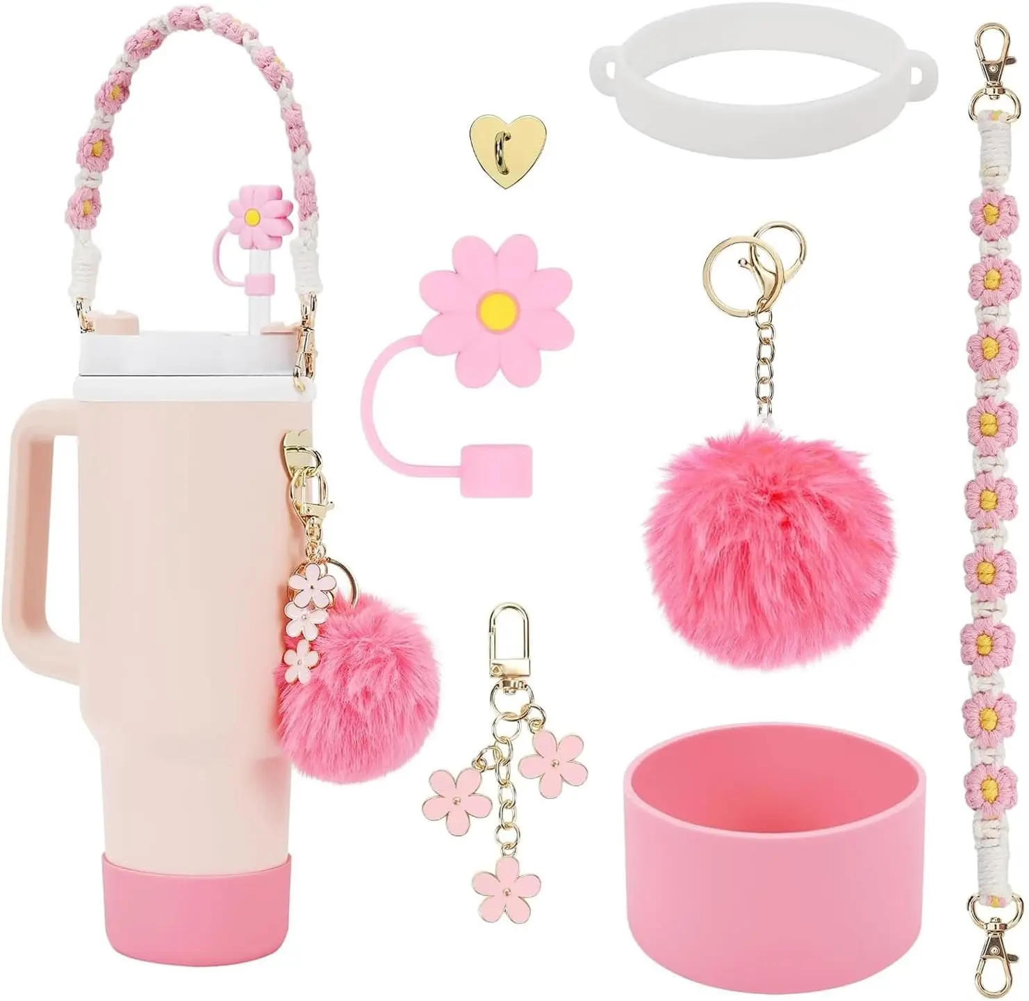 Stanley Cup Accessories Set - Water Bottle Handle Strap, Silicone Boot, Flower Straw Cover, 3 Charms for 40/30 oz Tumbler - Set of 7