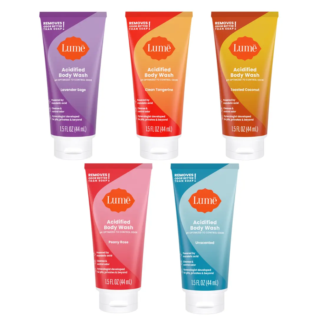 Mini Body Wash Sampler Pack - Lume Acidified Body Wash Travel Size (1.5 oz each). Clinically proven to reduce the appearance of hyperpigmentation.
