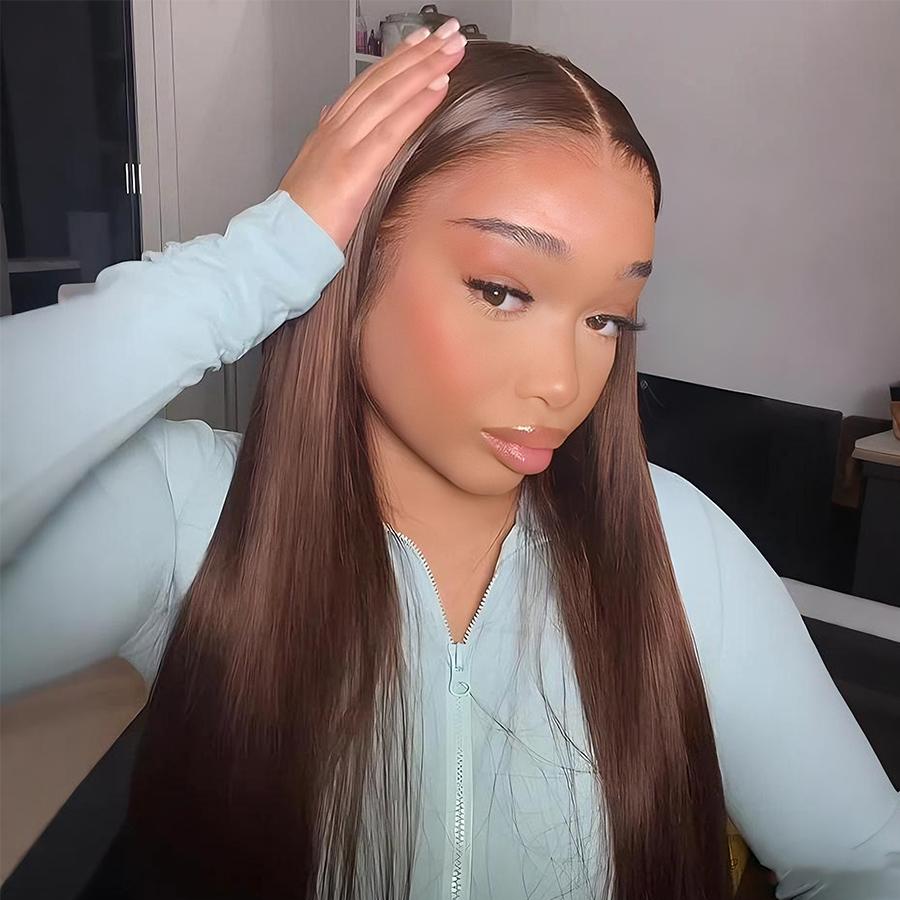 Pizazz Hair #4 Chocolate Brown Straight Glueless Wigs 13x6 HD Transparent Lace Frontal Wigs Human Hair Pre Plucked Natural HairLine With Drawstring