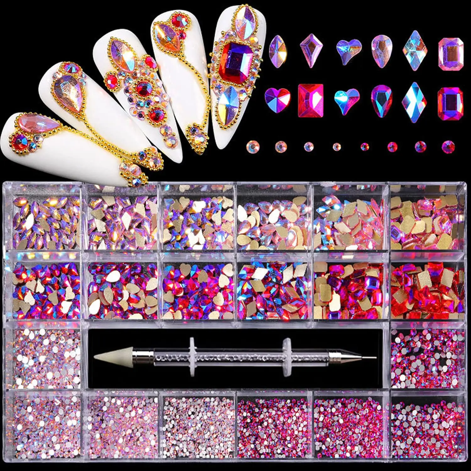 Nail Supplies Flatback Rhinestone Crystals Set - 12 Types of 600 White Diamonds, 2500 Flat Rhinestones, 20 Styles for DIY Crafts, 3D Ornaments + Tweezers + Drill Pen,back to school,back to school haul