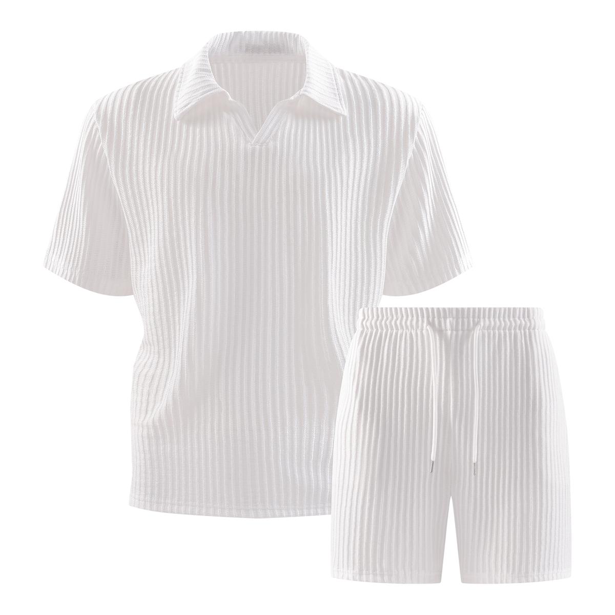 Classic men's solid color summer polo shirt shorts set, regular version with vertical fine stripe texture and exquisite collar design to create a refined casual look