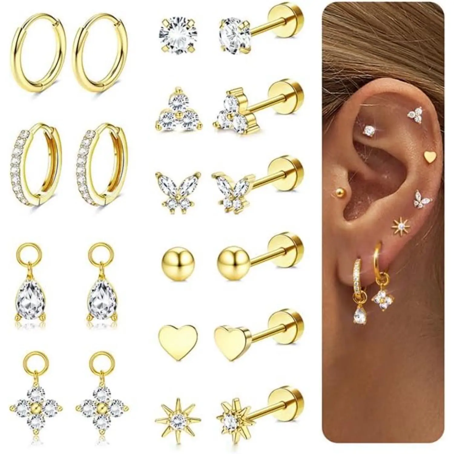 CASSIECA Stud Earrings Stack 14K Gold Plated/Silver Surgical Steel, Hypoallergenic Flatback Cartilage Earrings with Charms, Non Tarnish Multiple Piercing Jewelry for Women with Sensitive Ears,summerwins