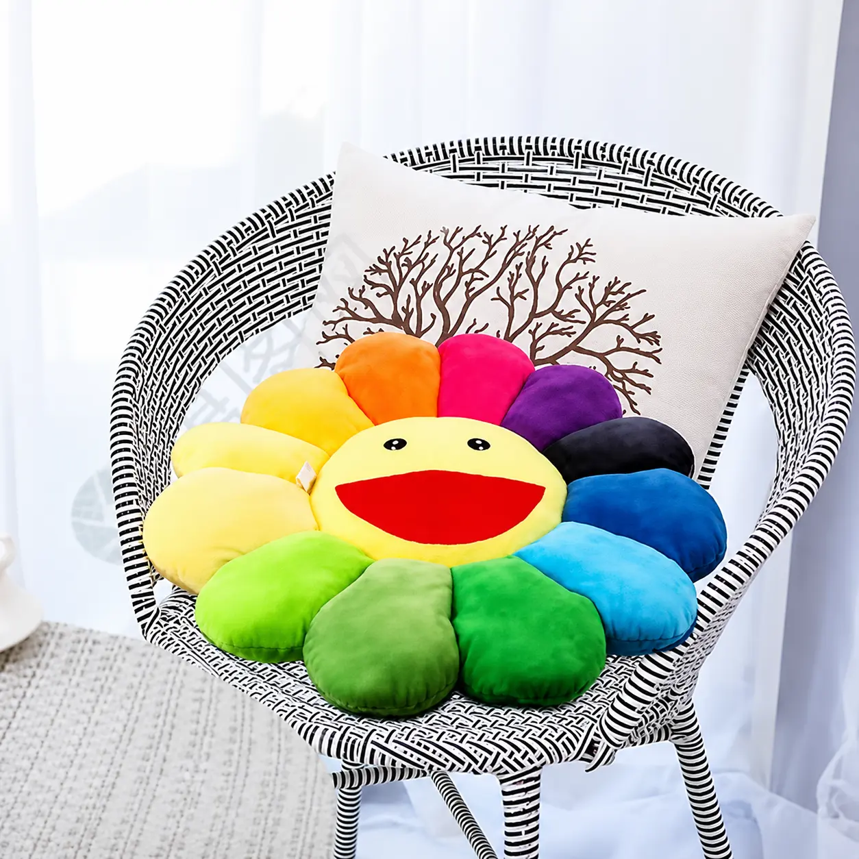 MIUVA 16.5in Rainbow Smile Face Sunflower Flower Plush Pillow, Soft Comfy Double-Sided Mat, Adorable Reading Pillow for Bedroom & Living Room Decoration, Room Accessories Textile Soft Furnishing