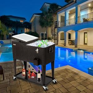 VINGLI 80 Quart Rolling Ice Chest, Portable Patio Party Bar Drink Cooler Cart, with Shelf, Beverage Pool with Bottle Opener (Brown)