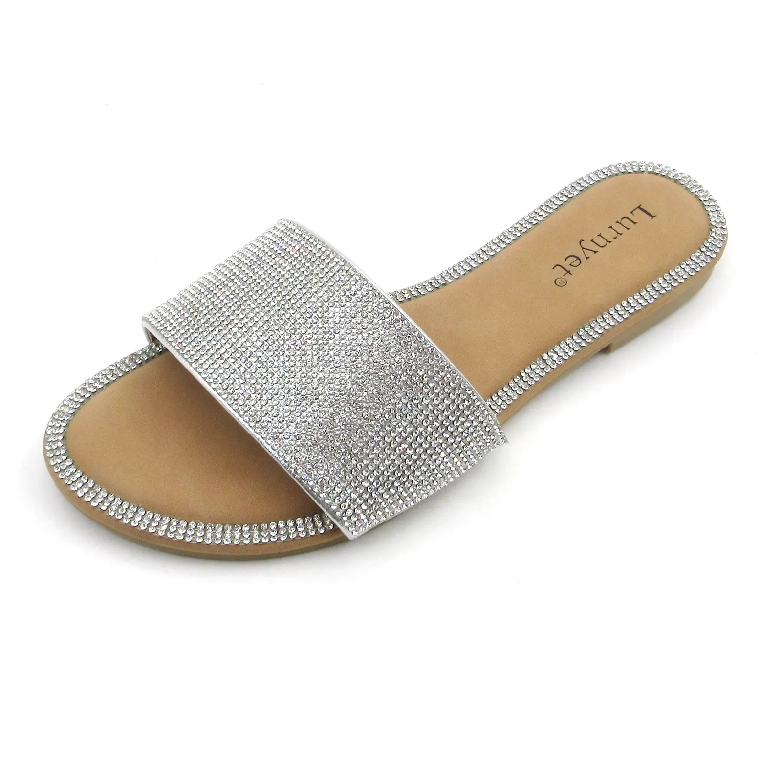 Women's Elegant Flat Sandals with Sparkling Rhinestones, Dressy Slip On Open Toe Slides, Casual Summer Fashion Shoes, Daily Fashion Footwear, Dressy Flat Sandals, Elegant Classy Sandals