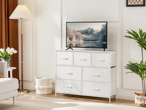 【Deal】Drawer Dresser Organizer Storage Drawers Fabric Storage Tower with 7 Drawers, Chest of Drawers with Fabric Bins, Steel Frame, Wood Top