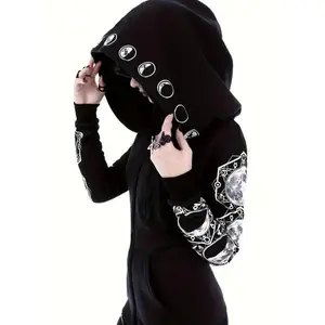 Loving Family.  Plus Size Gothic Sweatshirt, Women's Plus Moon Print Long Sleeve Zipper Slight Stretch Hoodie With Pockets Womenswear Tops