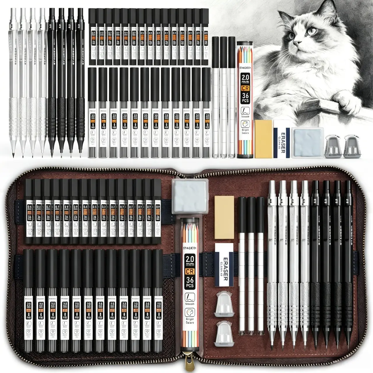 STAGEEK 35Pcs Art Mechanical Pencil Set with Case 0.5 0.7 0.9 2.0 Graphite Metal Drawing Drafting Pencils Sharpener Erasers 384PCS Lead Refills for Writing Sketching Silver&Black for Students Stationary