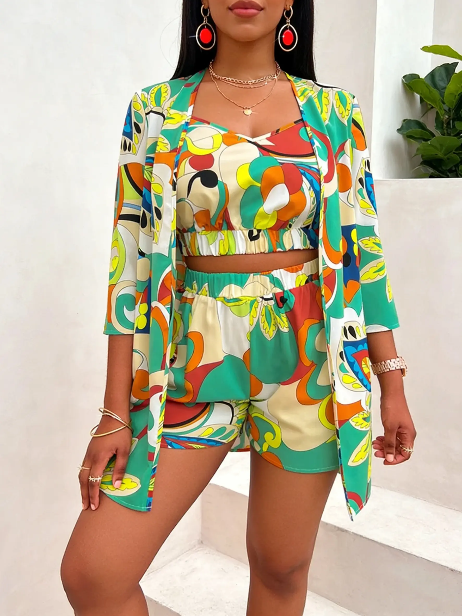 Women's Plussize Chic 3-Pc Matching Set - Smooth, Feminine, Elastic, Comfortable Abstract Print Cami Top, Shorts & Lightweight Cardigan for Vacation, Daily Wear, Cruise Outfits For Women