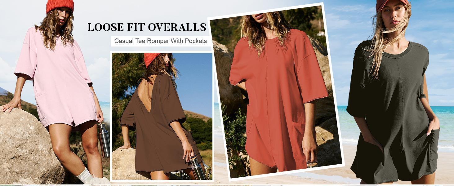 Imily Bela Comfort Baggy Tee Rompers for Women Summer Lady Athletic Oversize Romper Short Sleeve Jumpsuit Basic can be Worn on Both Sides Onesie with Pockets Casual Womenswear Overalls