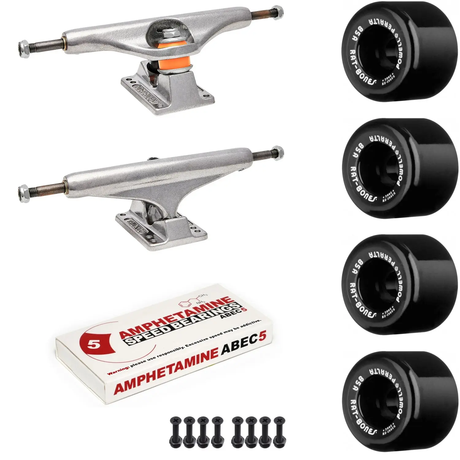 Independent Skateboard Package - 169 (9.12") Trucks, Powell Peralta Rat Bones Black Wheels, Amp 5 Bearings