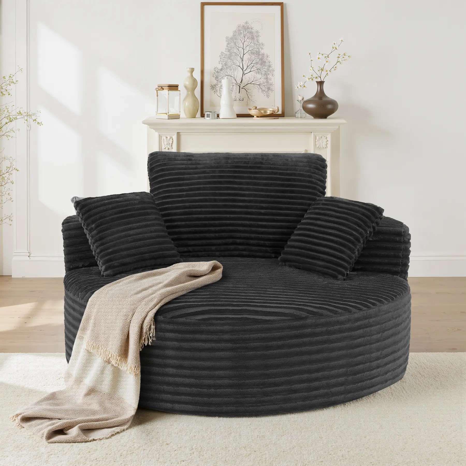 55''W 3.5CM Corduroy Single Foam Sofa, Oversized Round Chair with Pillows, Modern Sleeper for Living Rooms, Lounges, Nurseries and Projection Rooms, Wide-Arm Lounge Chair Armchair, Dark Grey