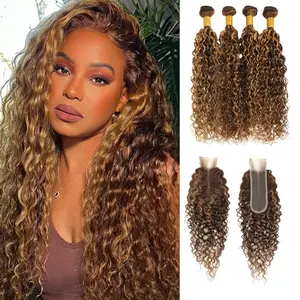 ALHER Water Wave Highlight Bundles with Long Deep Part 2x6 Lace Closure P4/27 Honey Blonde Ombre Brown Colored Wet and Wavy Bundles with Free Part 4x4 Closure Ombre Highlight Bundles with Ear To Ear 13x4 HD Lace Frontal 4 Bundles with 2x6/4x4 Closure