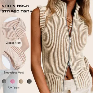 Imily Bela New In Womens Fashion Zip Up Sweater Vest Casual Sleeveless Ribbed Knit V Neck Striped Tank Tops