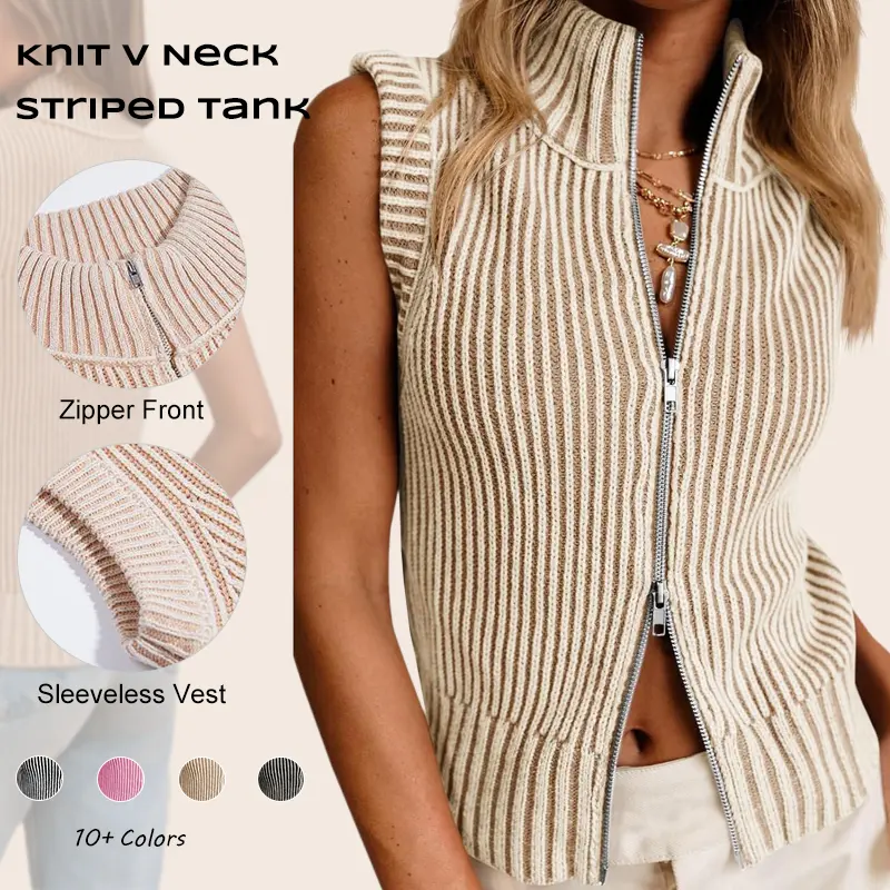 Imily Bela New In Womens Fashion Zip Up Sweater Vest Casual Sleeveless Ribbed Knit V Neck Striped Tank Tops