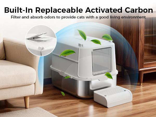 【For Big Cats】Extra Large Stainless Steel Cat Litter Box with Lid XL Enclosed Metal Litter Box for Large Cats, Features High Sidewalls, Removable Cover, Leak-proof, Non-stick, Easy to Clean, Beige Color