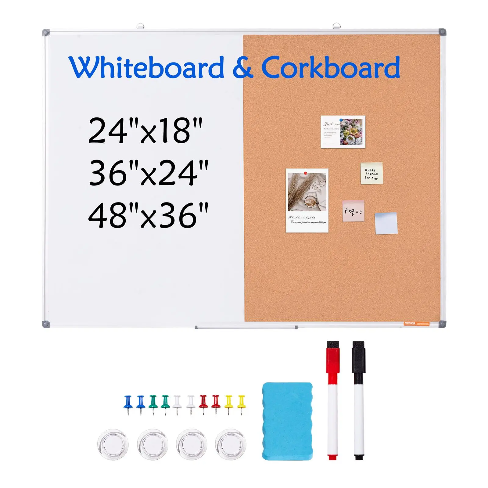 【Summerfinds】VEVOR 48in x 36in 2-in-1 Magnetic Dry Erase Whiteboard-Cork Board Combo with Aluminum Frame, Wall-Mount, Whiteboard Pens, White Board Kit - Ideal for Office, Home, Writing Board
