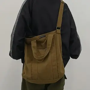 RetroJapanese-StyleCanvasShoulderBagforMen,AdjustableStrap,CasualCommuterHandbag,SolidColorBlack