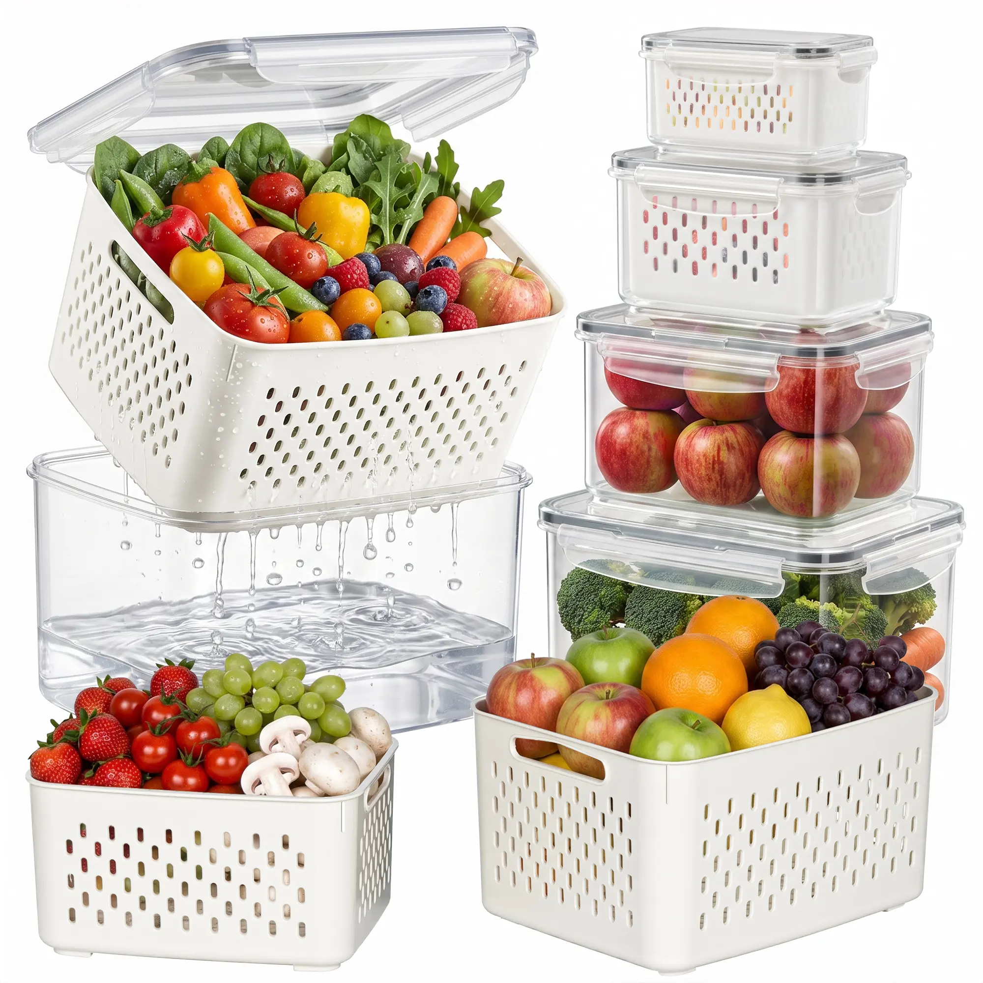 5 Pack Fridge Organizers and Food Storage - Stackable Fruit Storage Containers for Fridge with Removable Colander, BPA-Free, Airtight Storage Container to Keep Fruits, Vegetables, Berry, Meat Fresh longer