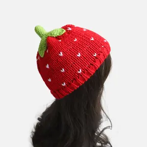 1pc Adorable Red Strawberry Design Knitted Beanie Hat For Women, Handmade Crochet Warm Cap For Autumn & Winter Daily Casual Wear Hat Valentine's Day
