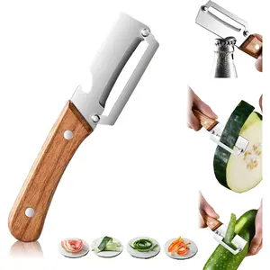2-in-1 Vegetable & Fruit Peeler with Stainless Steel Blade and Bottle Opener, Wooden Handle Kitchen Tool for Potatoes, Apples, Zucchini, Papaya & Pumpkin