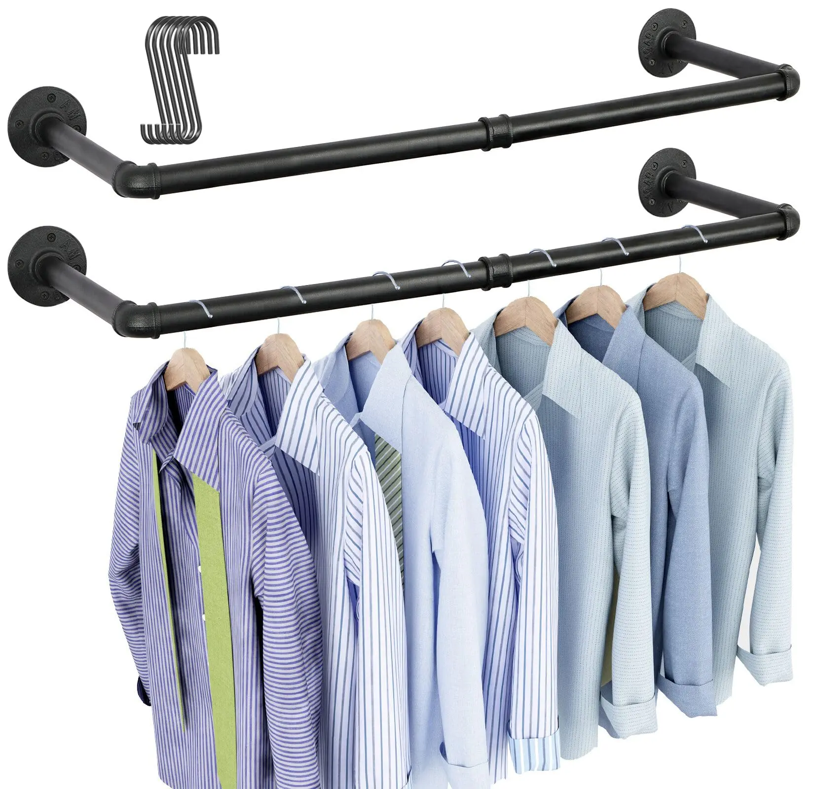 Set of 2 Wall Mounted Industrial Iron Pipe Clothes Rack, Heavy Duty Garment Hanging Rail, Multi-Purpose Storage Rod for Closet Laundry Room,dorm essentials,home essentials