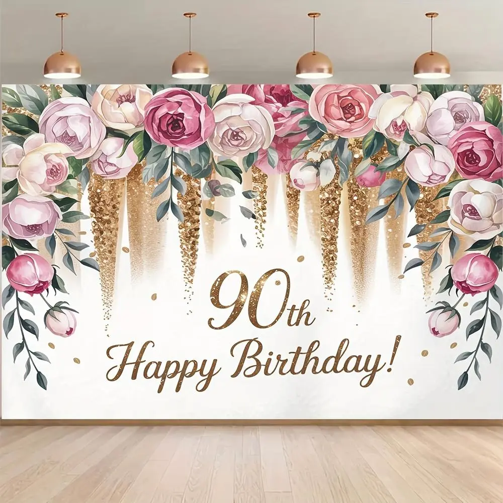 1pc 2D Flat Elegant Floral 90th Birthday Backdrop Banner - Pink White Rose Motif, Golden Glitter Accents, Flower Decor for Photography Milestone Celebrations, Indoor Outdoor Use