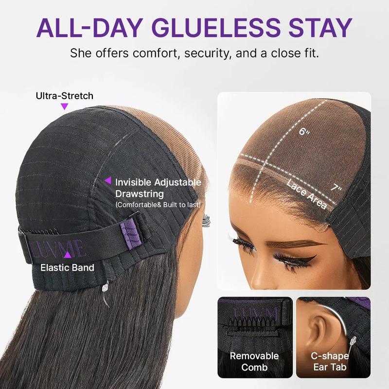 Luvme All Day Comfort Wig Glueless 7x6 Closure Pre Plucked Pre Bleached Pre Cut Melted Lace 180% Density Silky Straight Ready To Go-Come with Left Side Part 250% MyOwn-Fit™ Cap