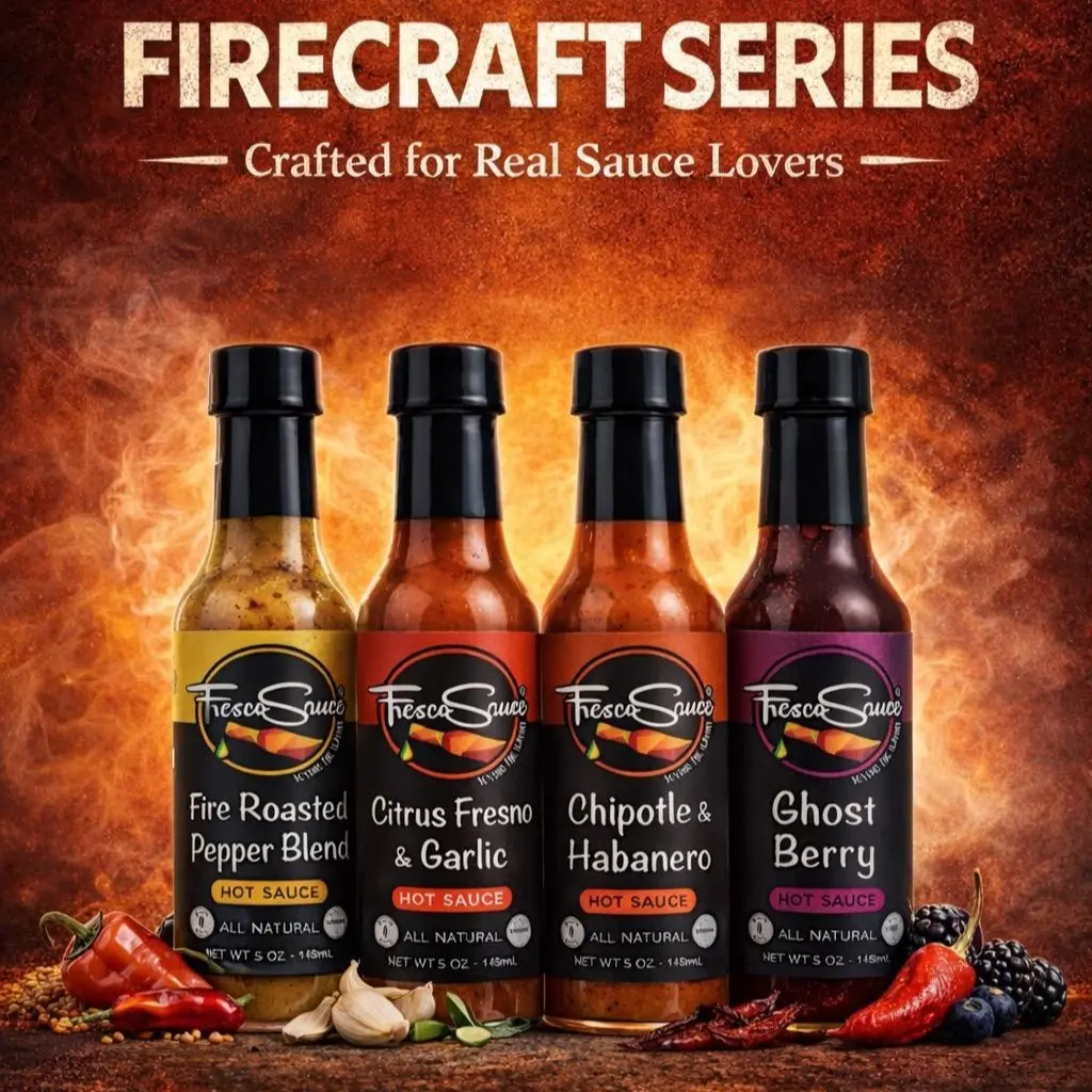 Fresco Sauce Hot Sauce Lover 4 Pack Gift Box - Fire Roasted Pepper Blend Citrus Fresno & Garlic Chipotle & Habanero Ghost Berry All Natural Gluten Free Vegan 5 oz Bottles Spicy Dip Flavor