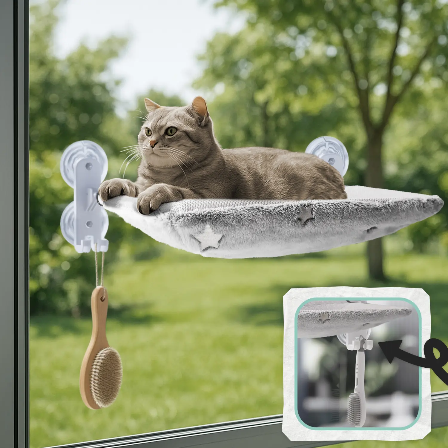 Star Geometric Folding Window Hammock - Glow-in-the-Dark, Cordless, Machine Washable, Sturdy Metal Frame, Strong Suction Cups, Modern Sunbathing Perch for Cats & Small Dogs