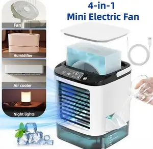 Portable 4-in-1 Mini Air Conditioner Cooling Fan with USB Rechargeable Ice Box LED Multicolor Lights 3 Wind Speed Settings Desktop Cooler for Home Office Humidifier Night Lights