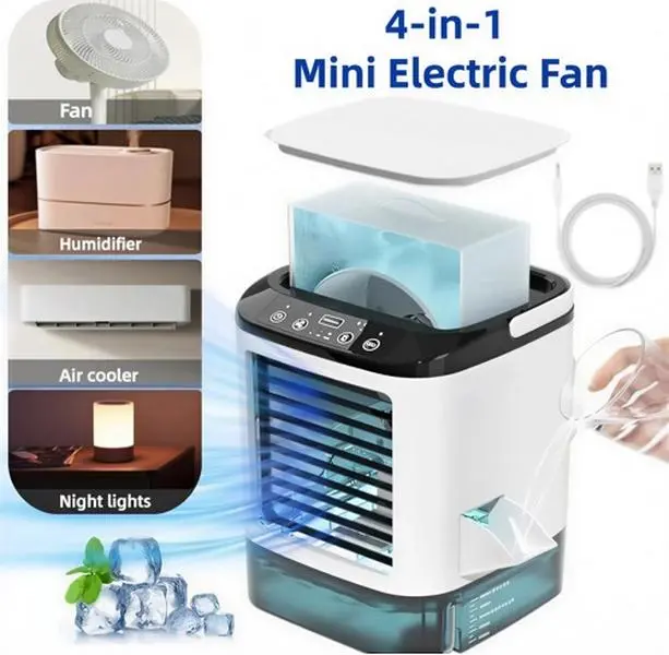 4-in-1 Rechargeable Portable Fan - USB Mini Air Conditioner Cooling Fan with Ice Box, Multicolor LED Night Lights, 3 Wind Speed Settings, Humidifier for Home & Office Desktop Use, Cooling Fans