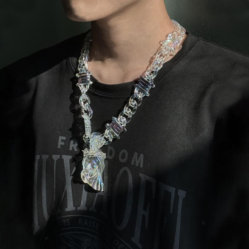Jesus pendant necklace-​iridescent , transparency acrylic with a thick 3D Jesus carving, featuring premium gold plating for a metallic shine. Blends street style with religious symbolism. -TikTokShopBlackFriday, unisex design.-Christmas gifts