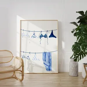 Clothesline Blue Bikini Wall Print|Coastal Dorm Room Posters|Girly Summer Print|Bathing Suit Wall Art|Modern Beach Wall Art Décor