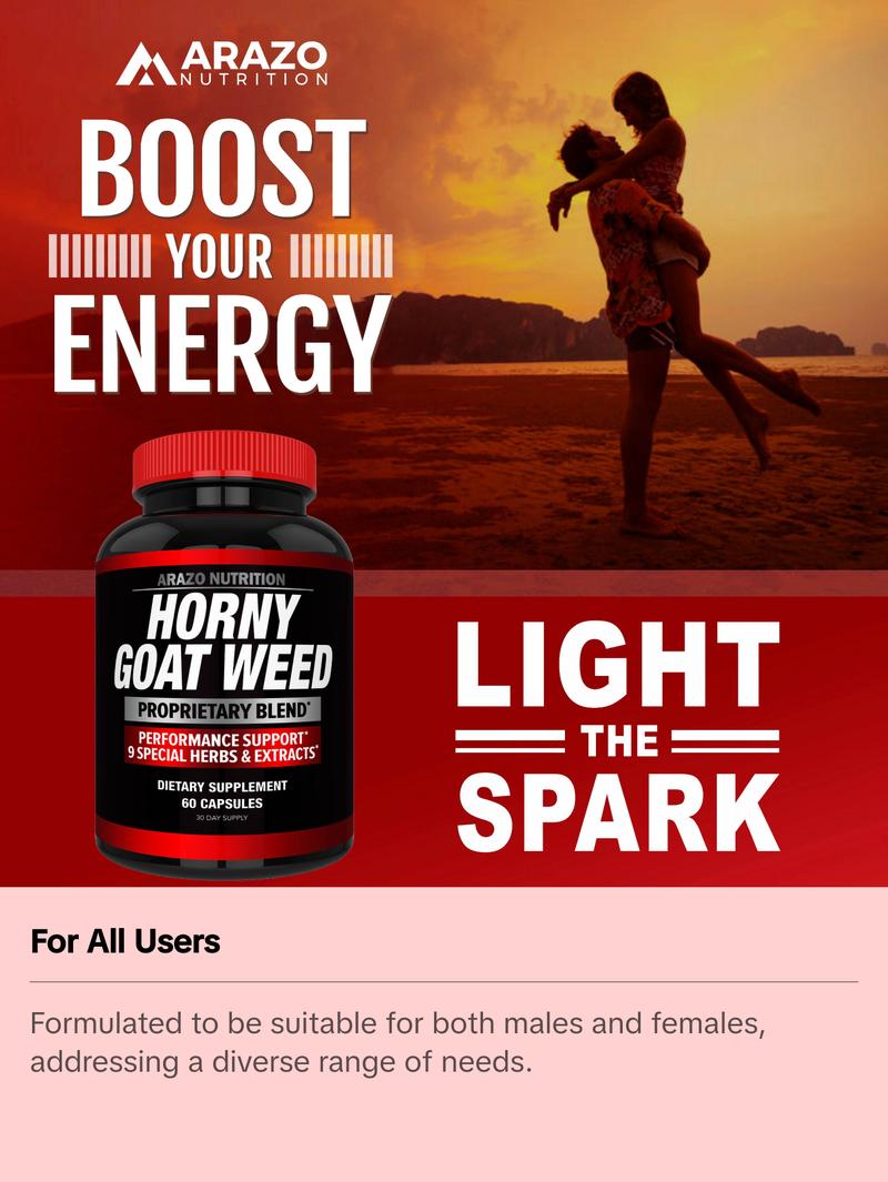 Arazo Nutrition Horny Goat Weed Proprietary Blend 1000mg Fast Acting Powerful 9 Herbs Tongkat Ali Saw Palmetto L Arginine 60 Capsules