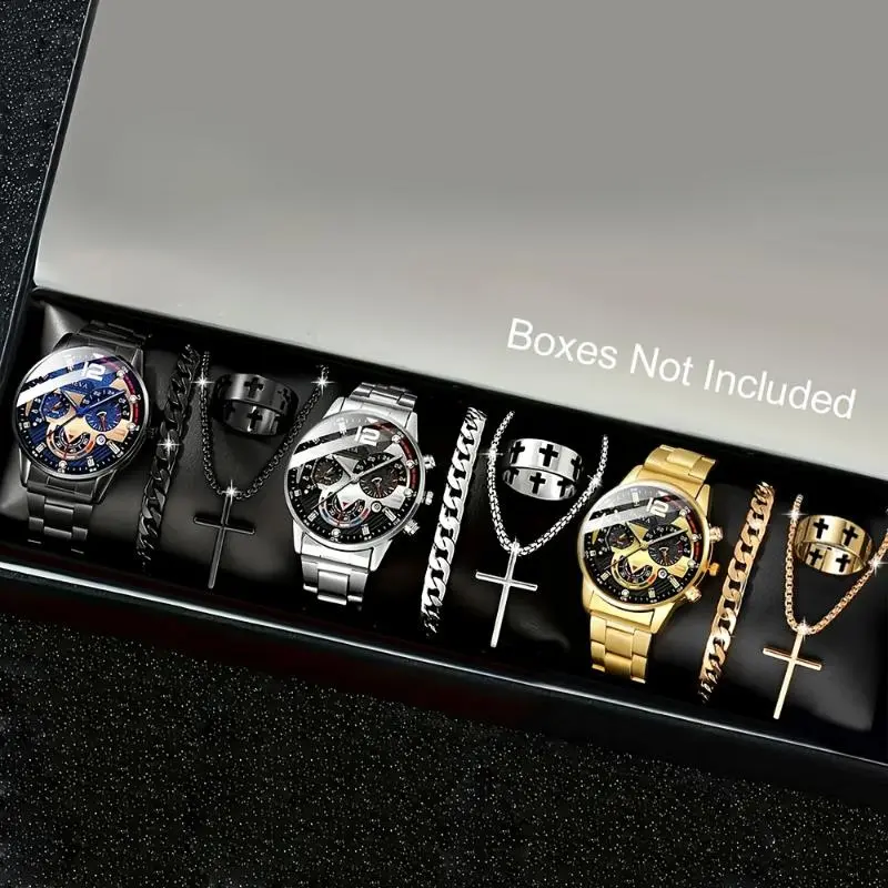 4pcs Men'S Fashion Watch Set, Quartz Movement, Round Zinc Alloy Case, Faux Leather & Stainless Steel Bands, Battery Powered, with Multiple Black Dial 4pcs Men'S Fashion Watch Set, Quartz Movement, Round Zinc Alloy Case, Faux Leather & Stainless Steel Bands, Battery Powered, with Multiple Black Dial