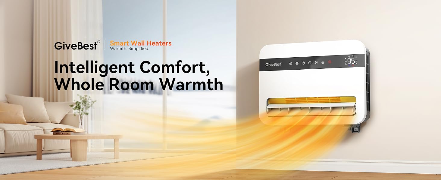 Givebest Wall Heater for Indoor Use, 1500W Electric Space Heater, 120°Vertical Oscillation,Compatible with Alexa, Adjustable Thermostat, Remote Control, 24H Timer, Easy-mounted Heater for Indoor Use