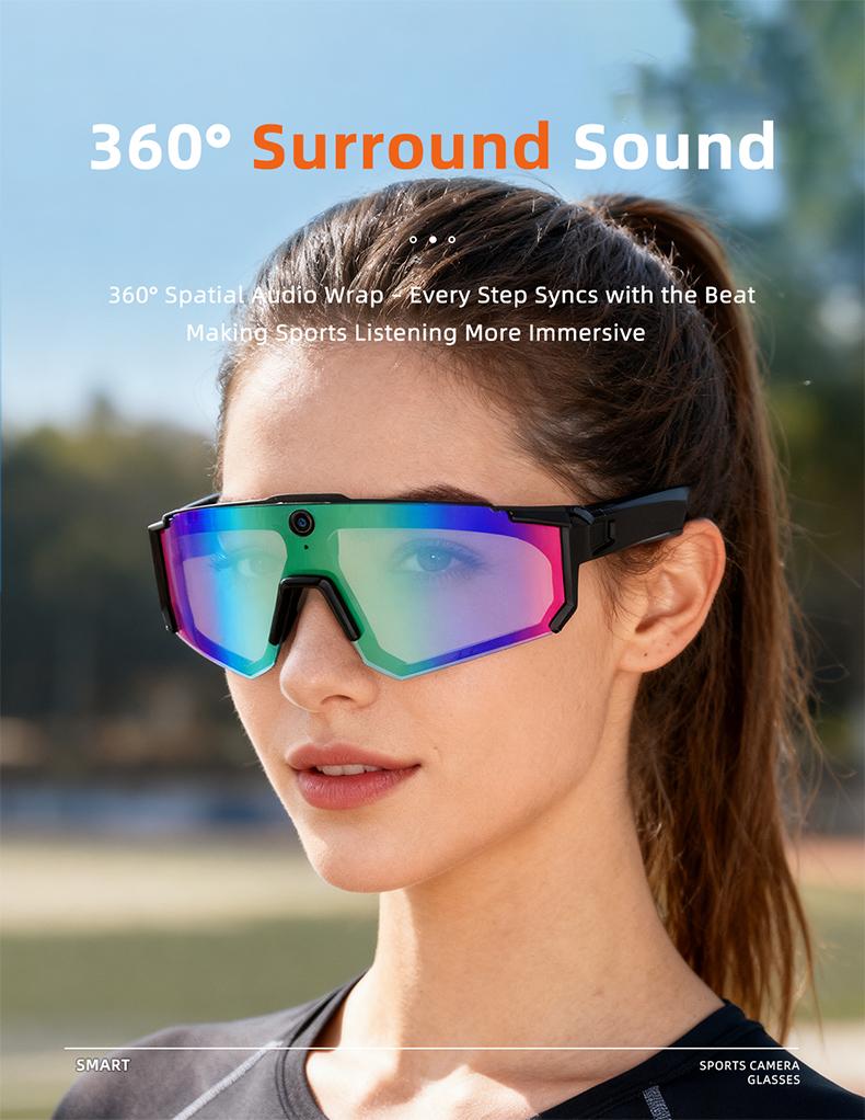 Smart Sports Glasses with 8MP Camera, 2K Photo/1200P Video Recording Wearable Glasses, IP54 Waterproof Multifunctional Wireless Audio Bluetooth Glasses with Headphone, Outdoor Sports Polarized Sunglasses with AI Voice Assistant, UV Protection Eyeglass