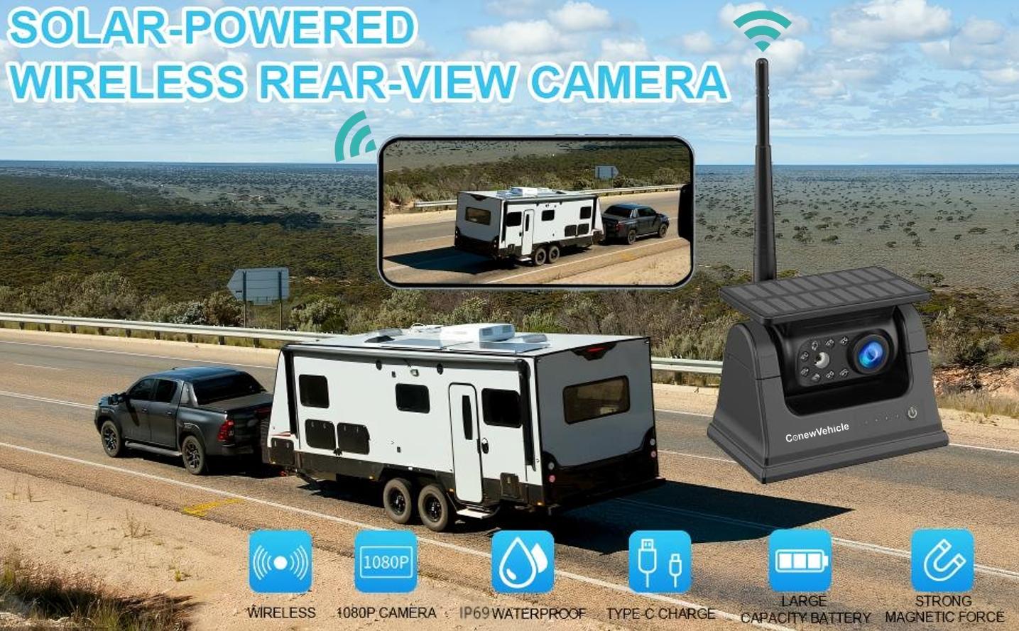 ConewVehicle WiFi Magnetic Solar Wireless Backup Camera,1080P HD Rear View for Truck/RV/Trailer/Car,24H Long Battery,Infrared Night Vision,Waterproof,Recording,Easy & Safe Parking